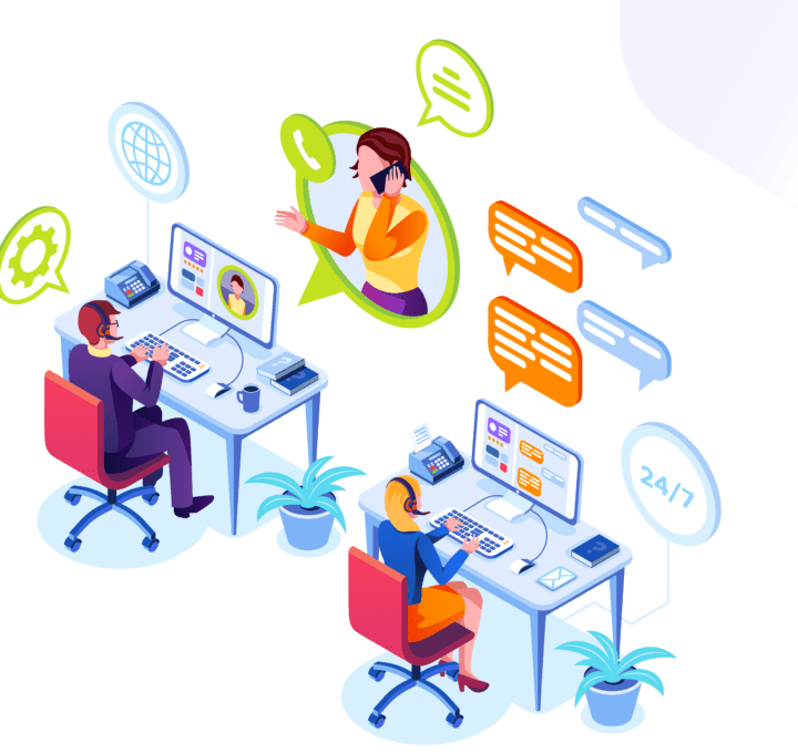 Inbound & Outbound Support​ a group of people sitting at desks with computers