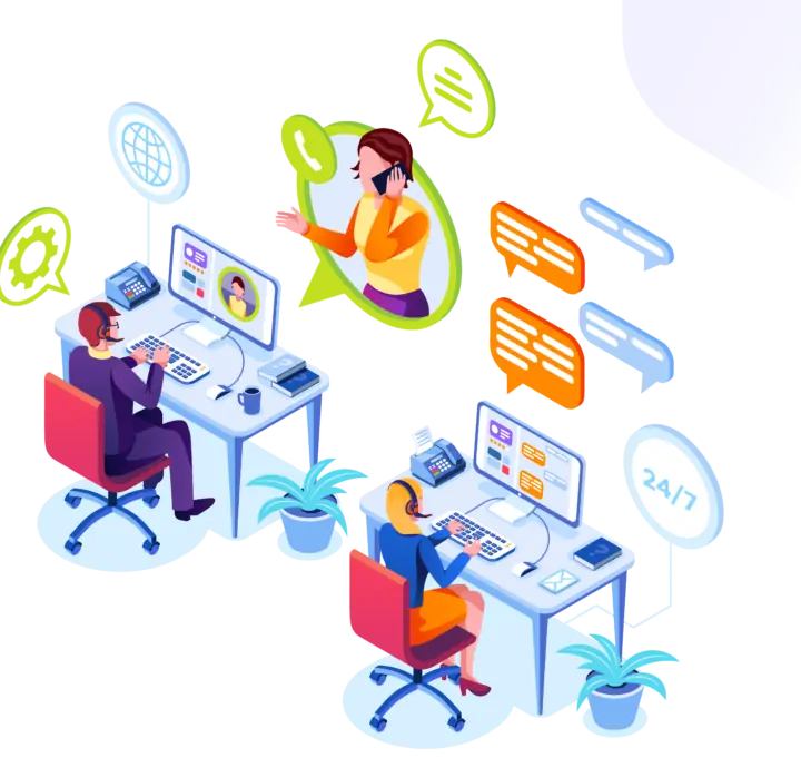 Inbound & Outbound Support​ a group of people sitting at desks with computers