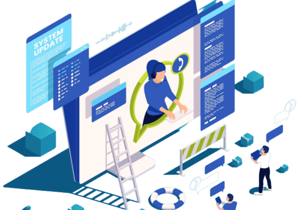 Tech Support Services A group of people around a computer screen.