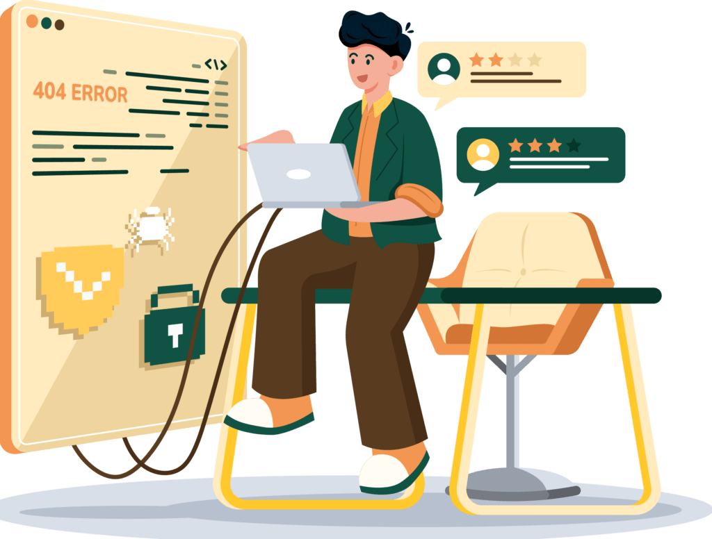 Tech Support Services a cartoon of a man sitting at a desk with a laptop