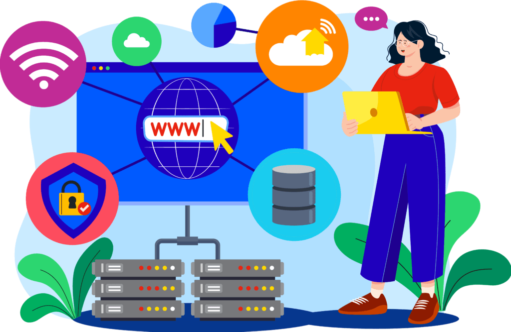 A woman standing with computer managing IT networks.