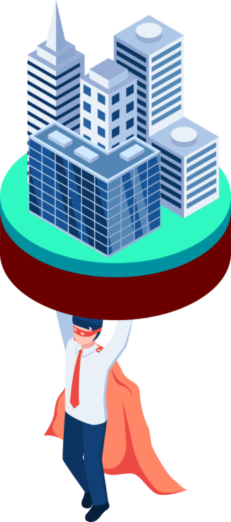 An IT Support Technician in a mask holding a building.