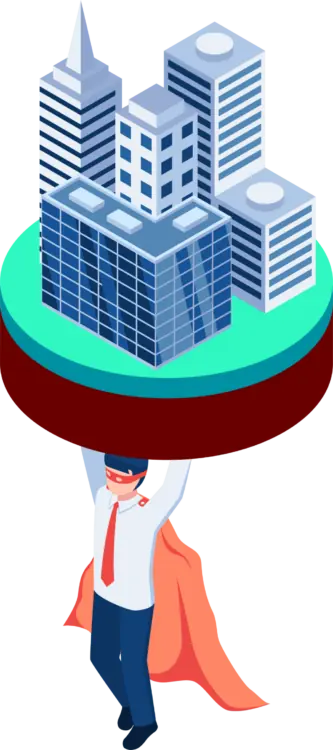 An IT Support Technician in a mask holding a building.