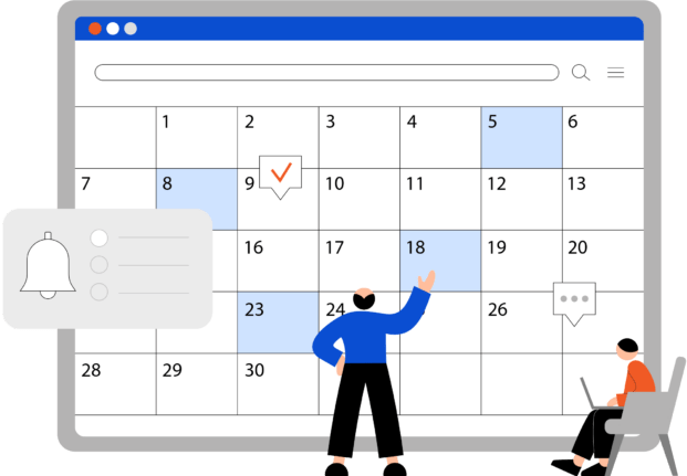 a man and woman standing in front of a calendar